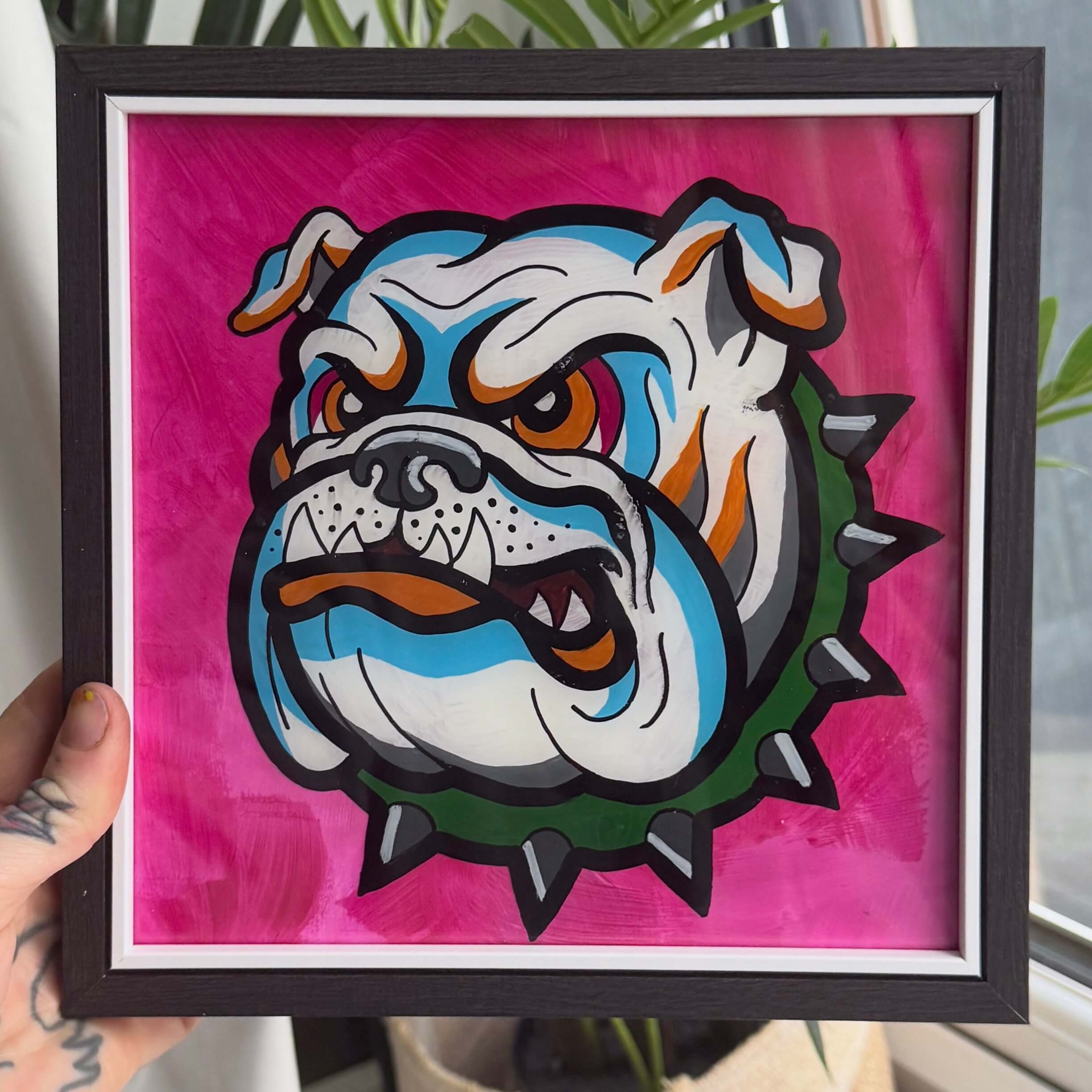 Bulldog - 9"x9" Framed Glass Painting